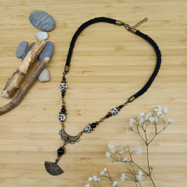 Parure noir et bronze - Collier ras de cou Eventail