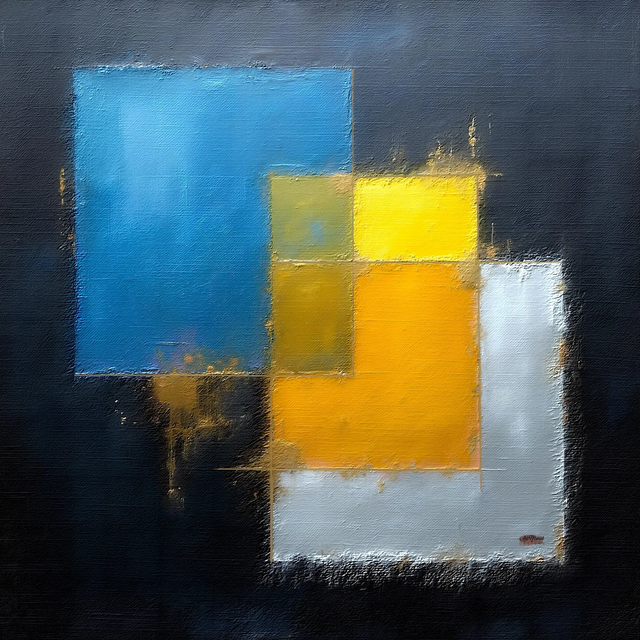 Tableau Géométrique Abstrait 🔷 | Carrés Dorés & Bleus – Art Contemporain Épuré 🎨✨