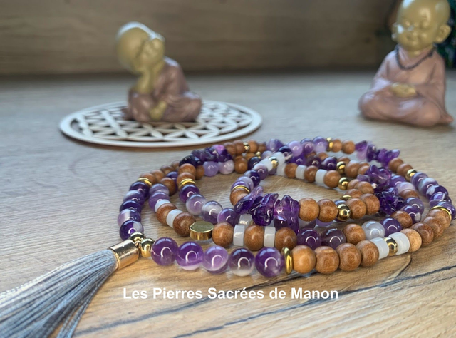 Mala Améthyste Chevron, Bois de Santal, Jade blanc et Améthyste (en perles de 8mm)
