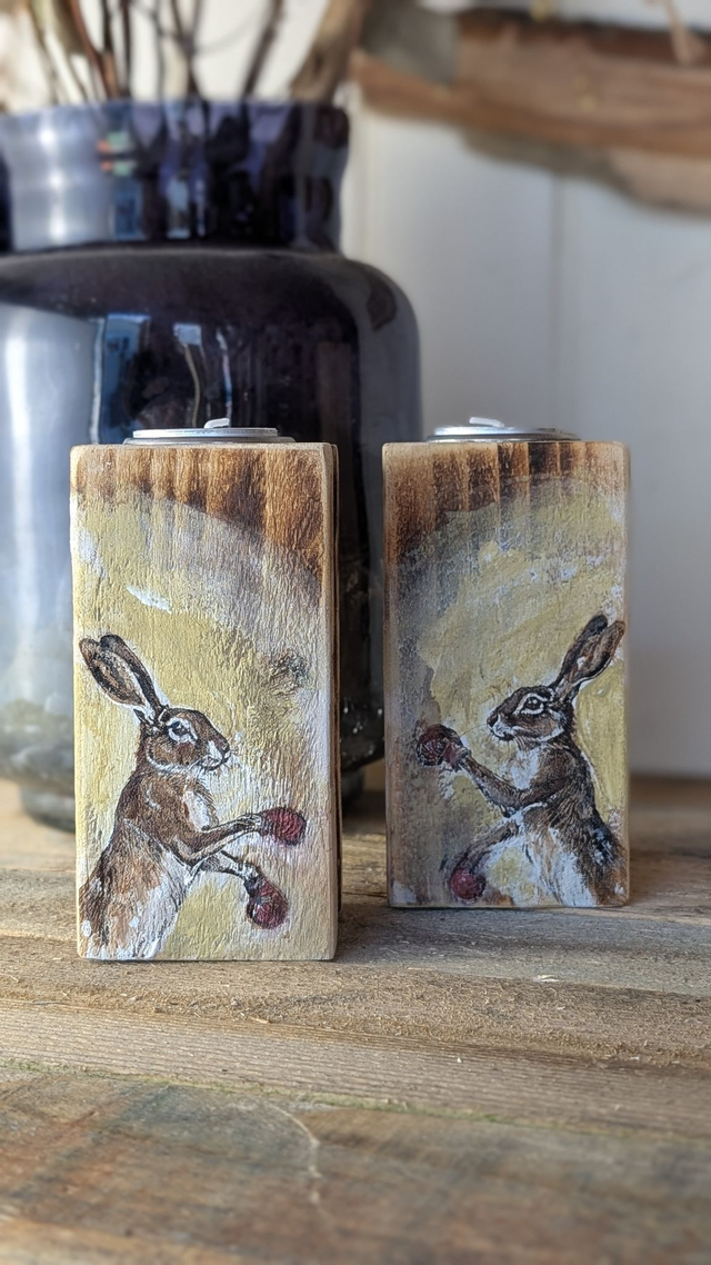Boxing hares wearing gloves - Set of Two Tealight holders