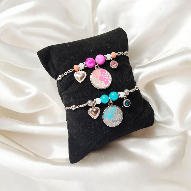 bracelet acier inoxydable motifs japonais turquoise blanc et argenté