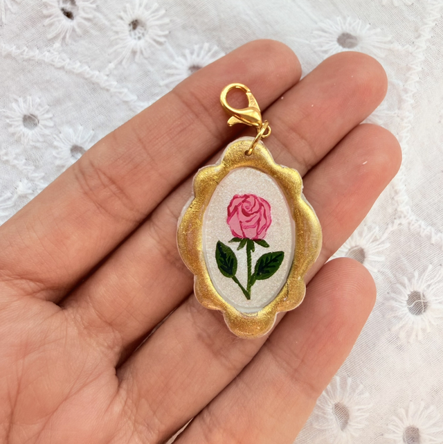 Vintage Gold Frame Pink Rose Flower Charm
