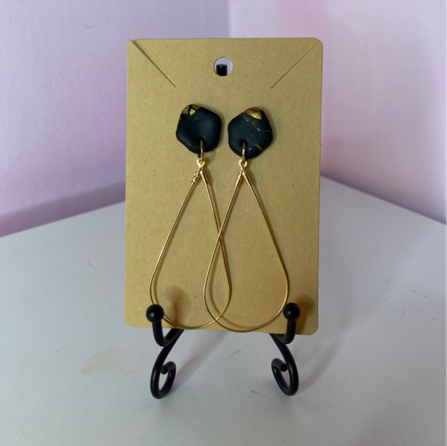 Black With Gold Earrings And Long Gold Teardrop Accessories 