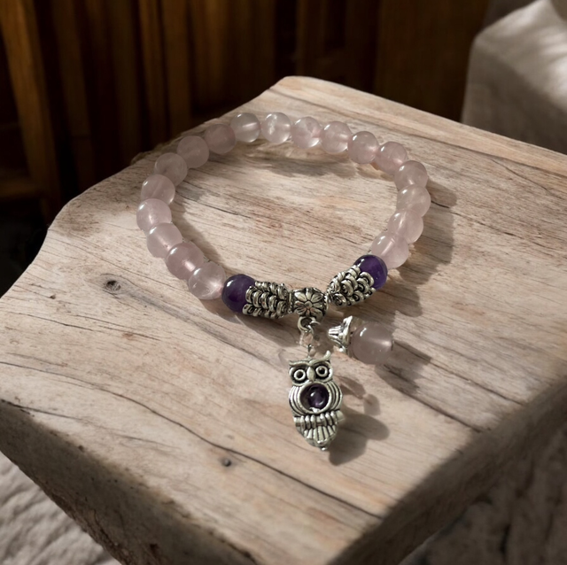Bracelet bien-être U8 quartz rose améthyste charm’s chouette améthyste et perle de quartz 