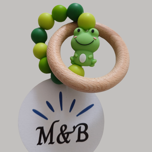 🔸 Anneau de dentition bois & silicone – Grenouille 🐸
