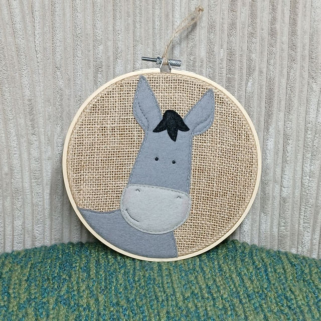 Farmyard Range, hoop art. Donkey design. Made with wool felt, hand-sewn onto hessian Wall art.