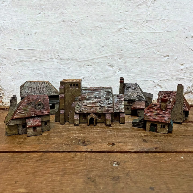 Early Handcrafted Wooden Village – Naively Scratch-Made With Original Painted Finish