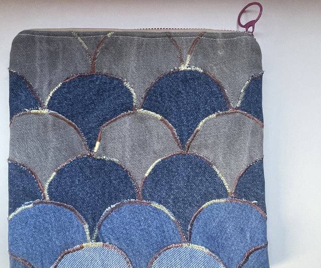 Recycled denim cosmetic pouch mermaid pattern 