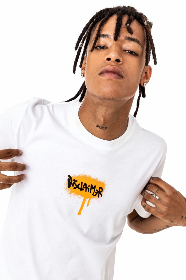 Disclaime T-shirt in jersey con stampa sul davanti e stampa sul retro