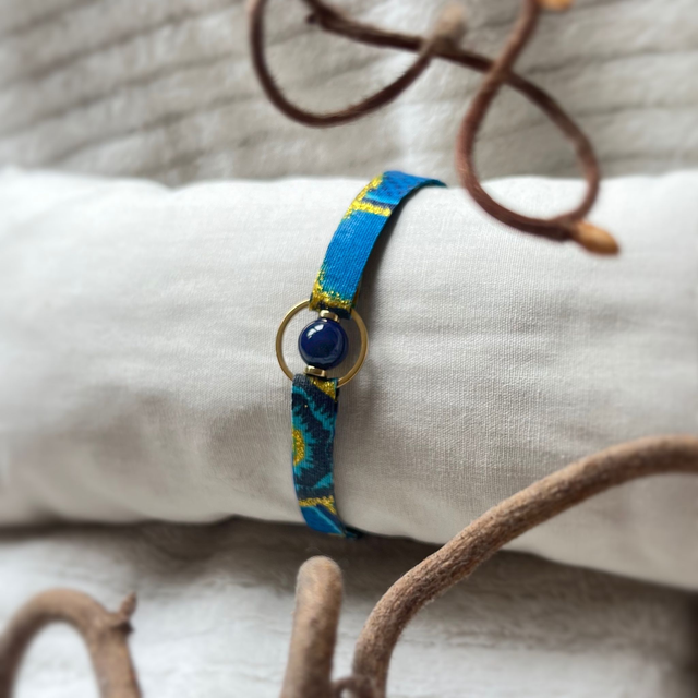 Bracelet Aura#1 - tissu wax bleu, acier inox