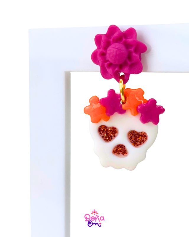 Boucles d'oreilles "Calavera" - Fleurs roses et oranges, yeux oranges