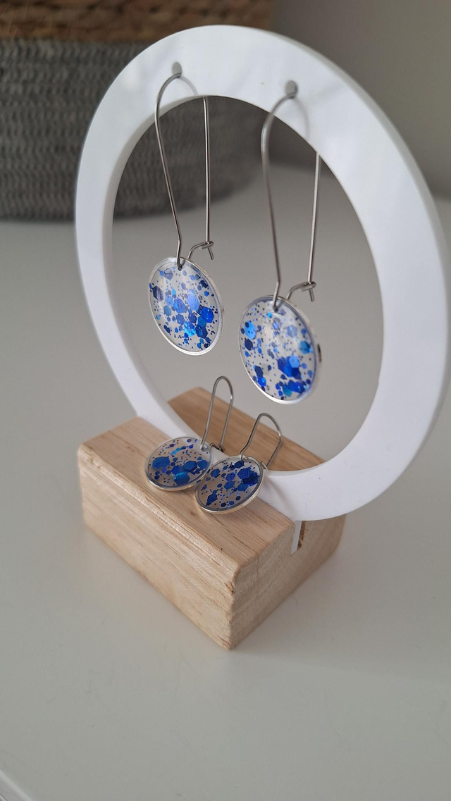 Boucles d&#039;oreilles duo Mère fille rond paillettes bleues 