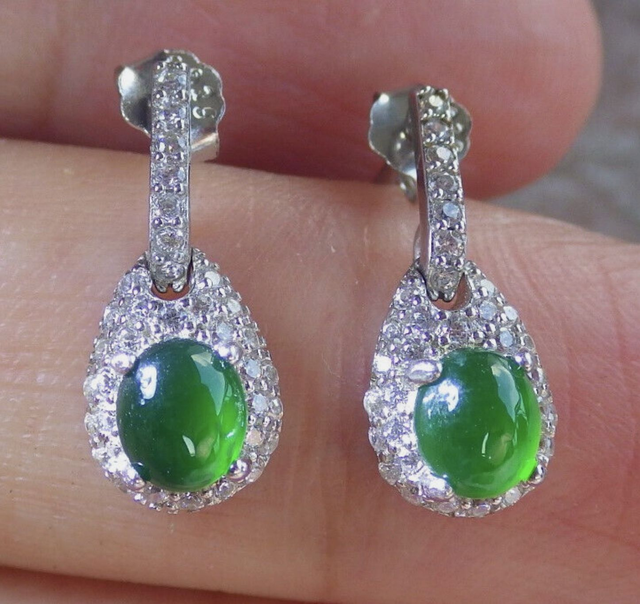 Boucles d&#039;oreilles cabochon jadéite argent sterling 925 vert glacé jade