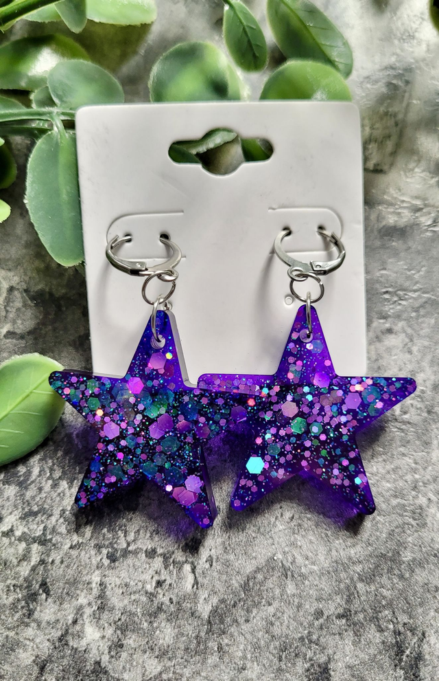 Earrings | Purple Glitter Stars | Stainless Steel Hoops