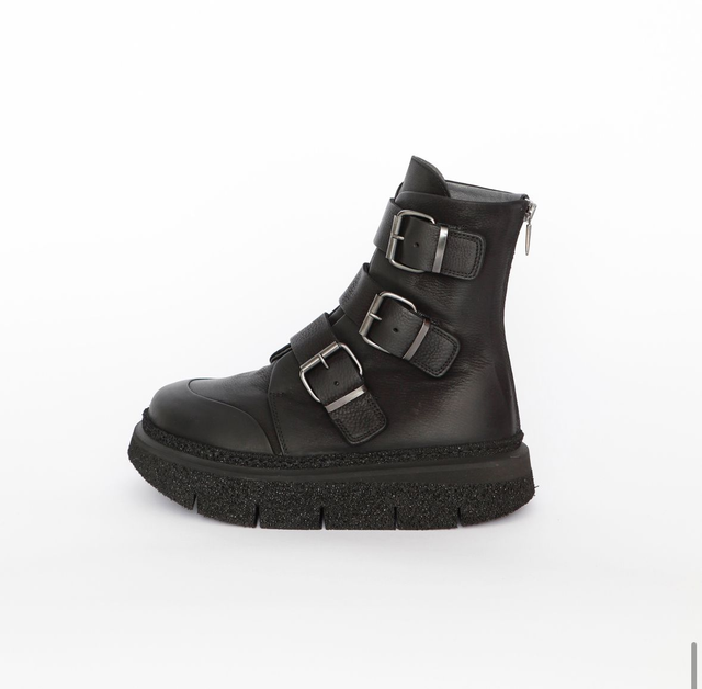 Black Leather Buckle Detail Boots