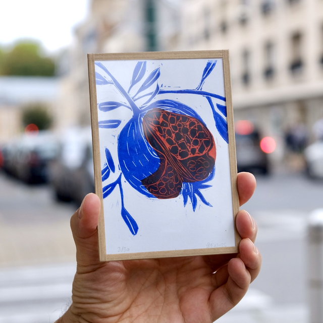 Pomme grenade bleu outre-mer et rouge - petit cadre 10x15