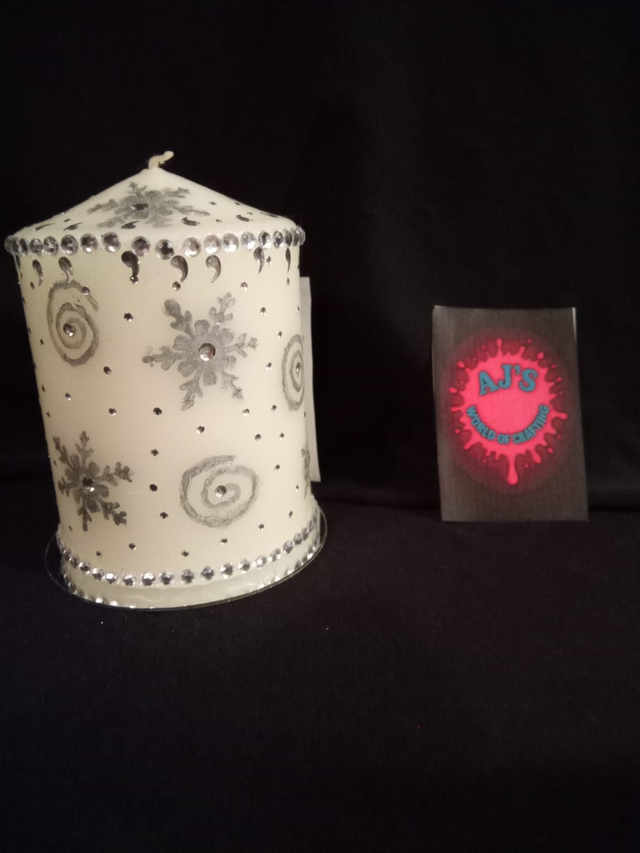 Custom Silver Snowflake &amp; Swirls Custom Decorated &amp; Designed On A Pillar Candle PRE-ORDER
