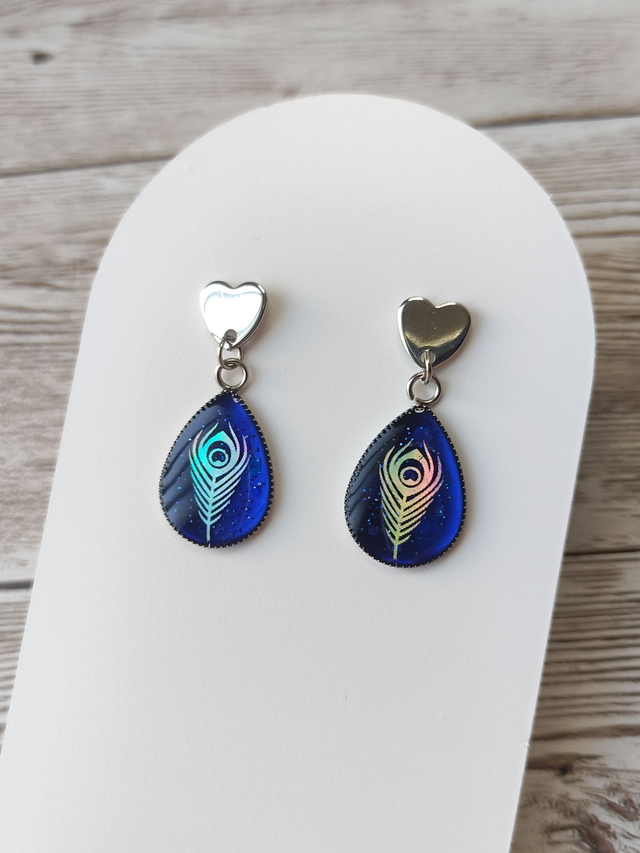 Boucles &quot;Margaux&quot; Bleu et plume de paon acier inoxydable 