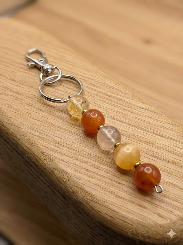 Porte-clé "Réalisation" en Pierres Naturelles – Citrine, Cornaline, Sélénite orange &amp; Fluorine multicolore