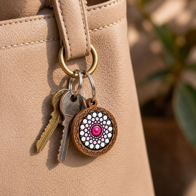 Porte-clés en bois mandala fuchsia &amp; doré  – Peint à la main 