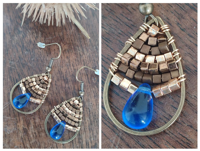 Boucles d&#039;oreilles gouttes en verre bleu acier inoxydable doré -sans nickel, pièce unique 