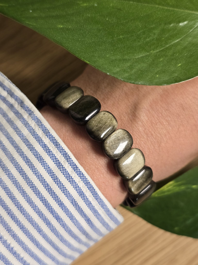 Bracelet Obsidienne dorée, perles plates (Qualité AAA)