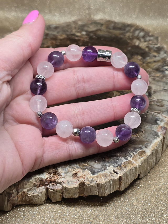 Bracelet Améthyste et Quartz rose en 1 cm