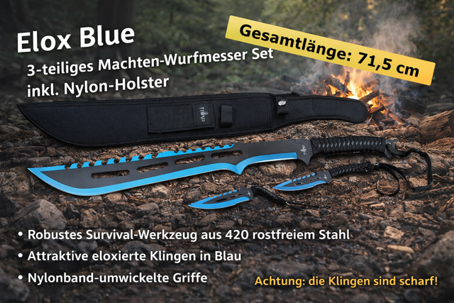 NEU Blau-Schwarzes Macheten & Wurfmesser Set – Elox Blue Kunai für Outdoor Wildnis Camping Bushcrafting Survival