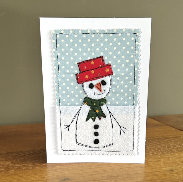Appliqué and free motion embroidery snowman card 