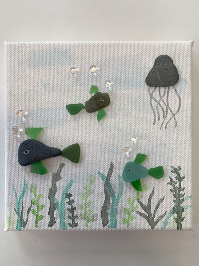 Beach Found Sea Glass Fishes Picture on Canvas approx. 15cm x 15cm