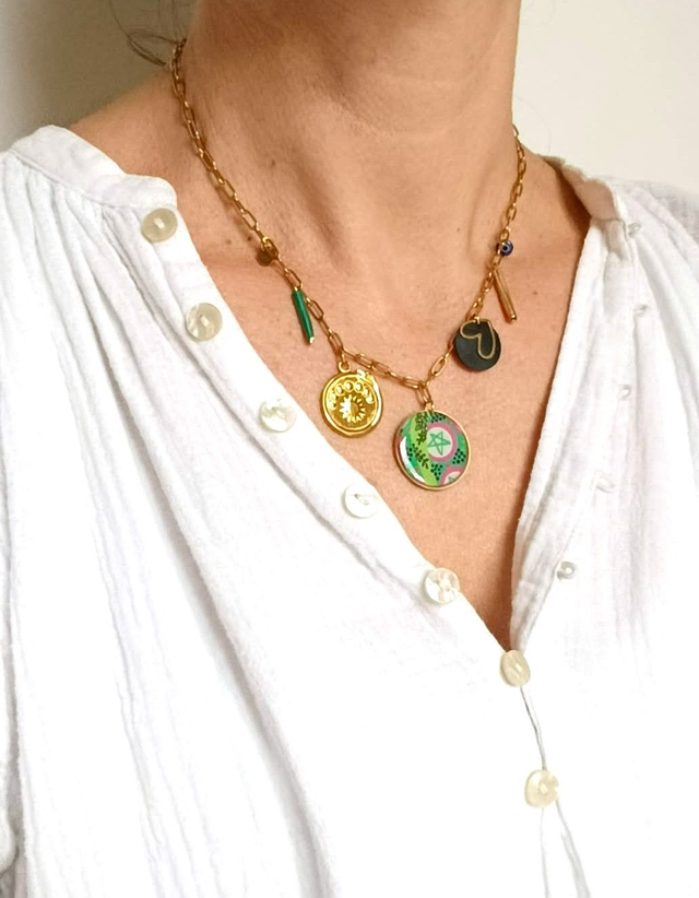 Collier à Breloques Upcyclé Carte de Tarot, Chambre à Air & Aluminium Recyclés - Pentagramme