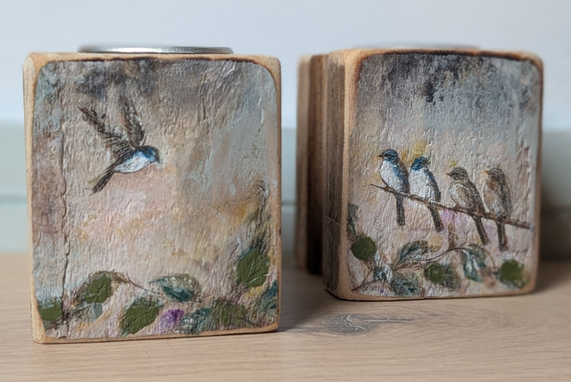 Birds - evening fall - Set of Two Tealight Holders Reclaimed Wood