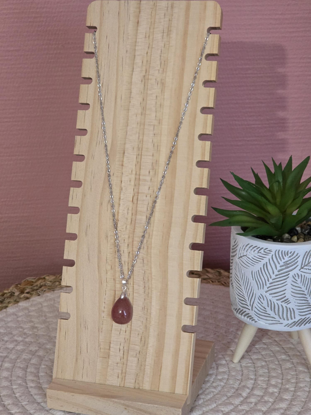 Collier Quartz fraise et acier inoxydable 