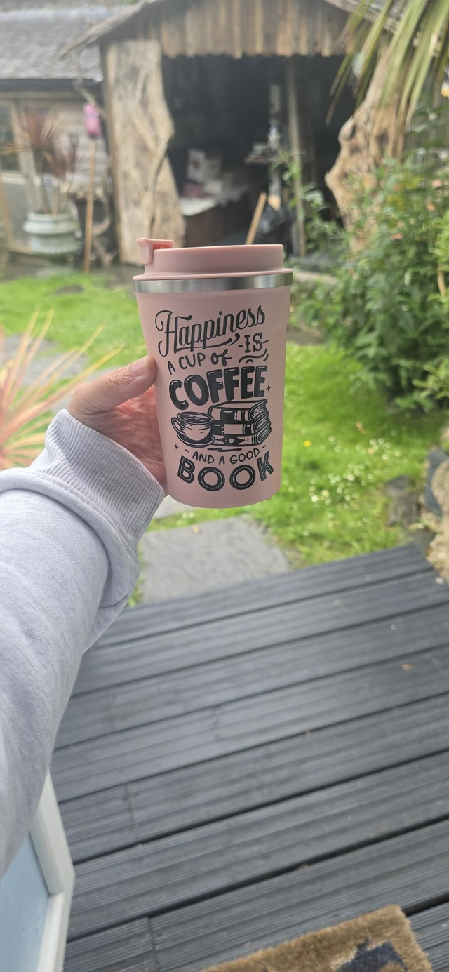 Coffee Tumbler – “Happiness is a Cup of Coffee and a Good Book” (Pink)