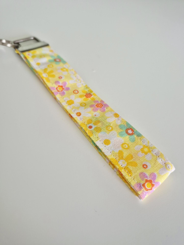 Yellow Floral Fabric Wristlet Keyfob Keyring