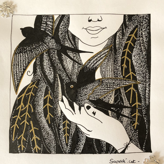 Fille aux oiseaux - 30 x 30 cm - encadrement noir 