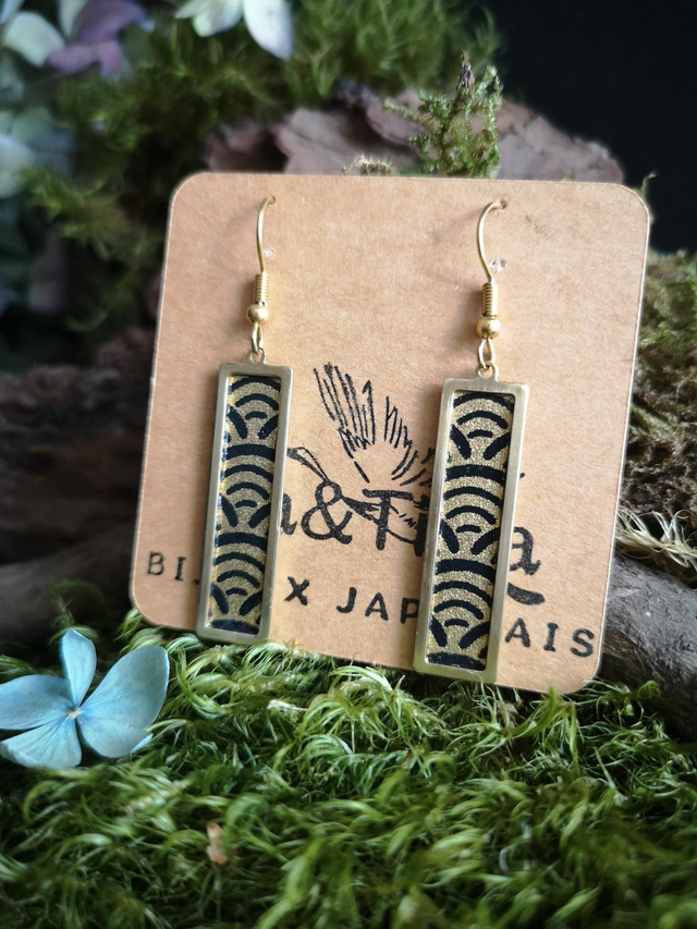 Boucles d'oreilles - crochets - papier washi - vague - Seigaiha - laiton - La&Titia