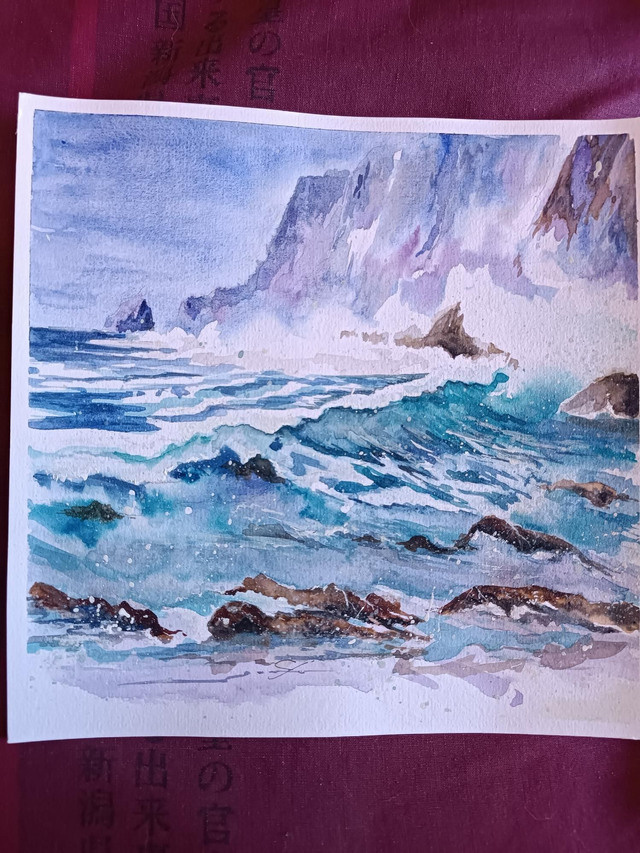 Tableau Aquarelle océan et falaise 20/20 cm