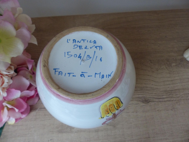 Vase forme boule l'Antica Deruta peint à la main Italie, Vase Poterie Deruta Décor Arbre avec Fleurs et Ruban, Pot Fleurs Décoration Maison