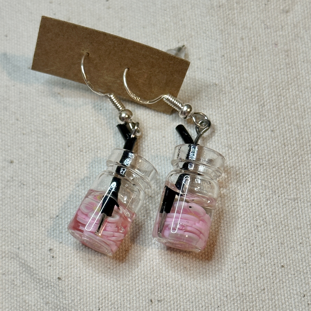 Pink hibiscus flower drink jar earrings 