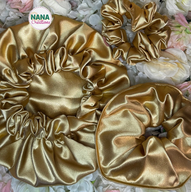 Pack Lumière Trio : Bonnet Satin + Chouchou + Chouchou Fleur