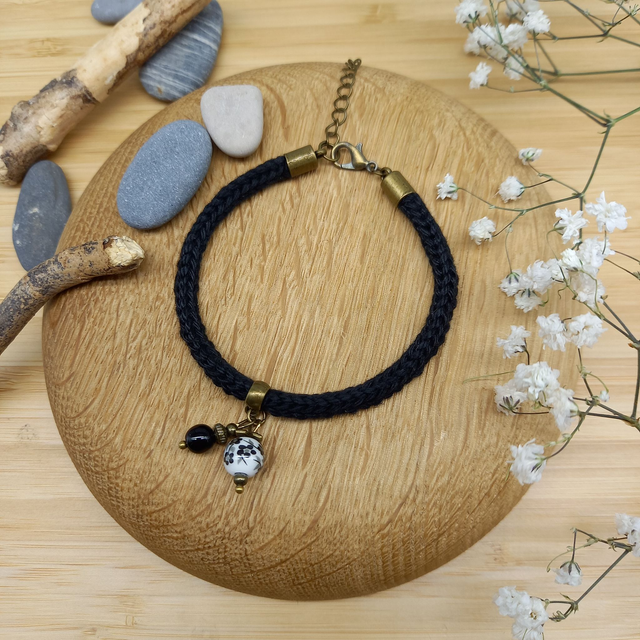 Parure noire et bronze - Bracelet tricoté noir