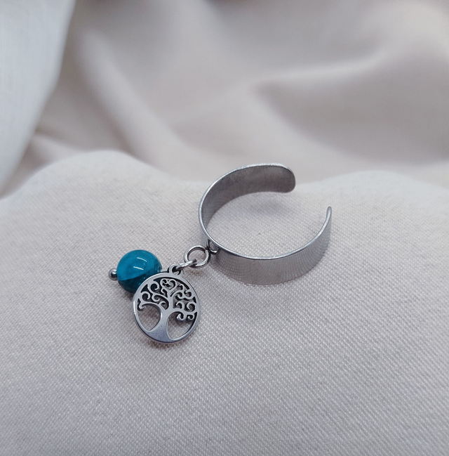 Bague ajustable 47 à 52 et pendentif &quot;arbre de vie&quot; acier inoxydable et pierre naturelle (apatite bleue)