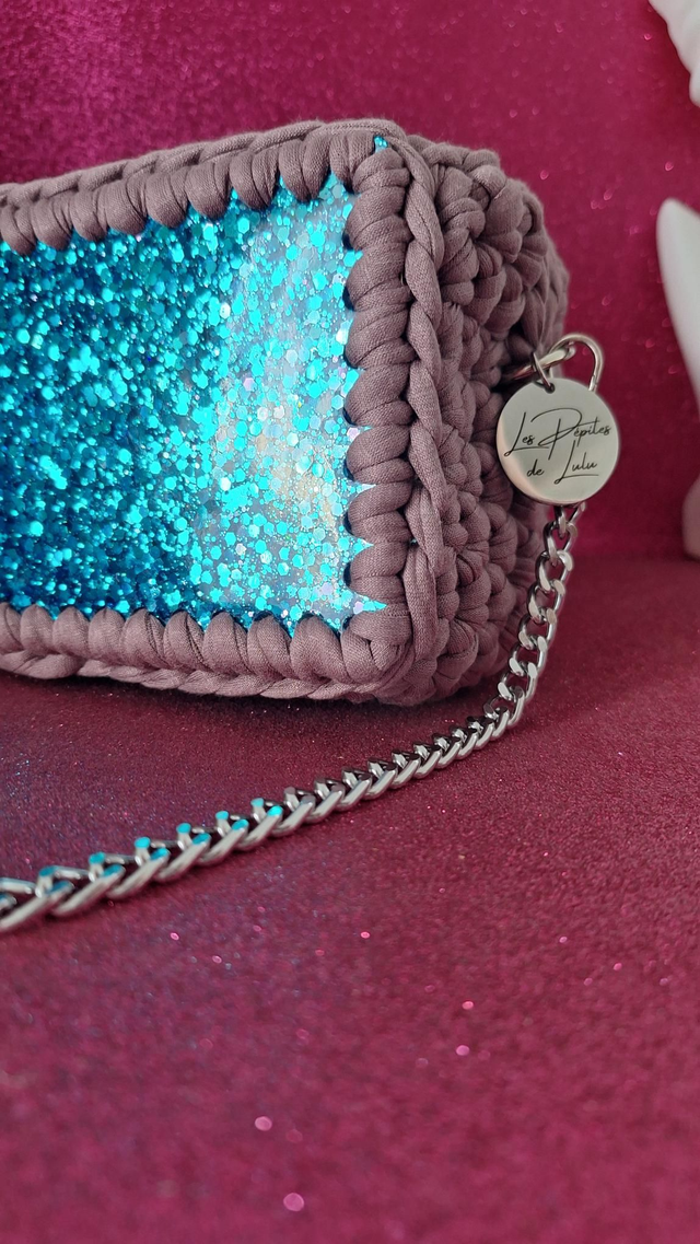 Sac Résine Rectangle paillettes bleues pelote vieux rose