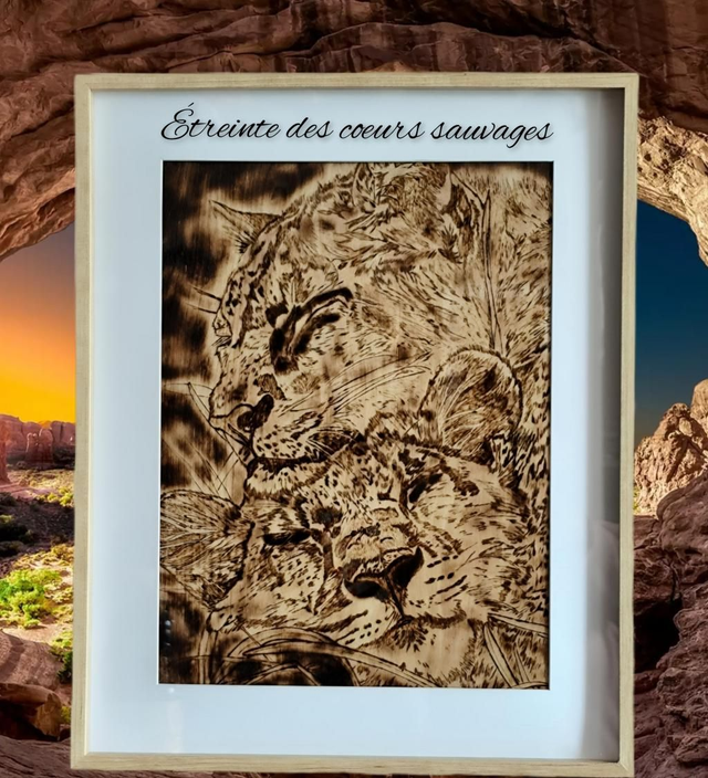 Oeuvre pyrogravure Étreinte des cœurs sauvages 