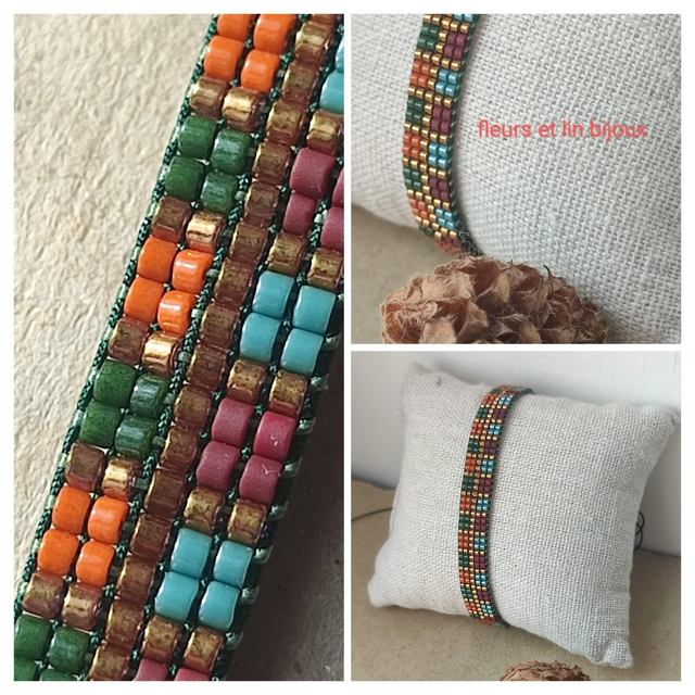 Z-Bracelet tissé main carreaux orange turquoise bordeaux vert, réglable en fil de jade résistant, pièce unique 