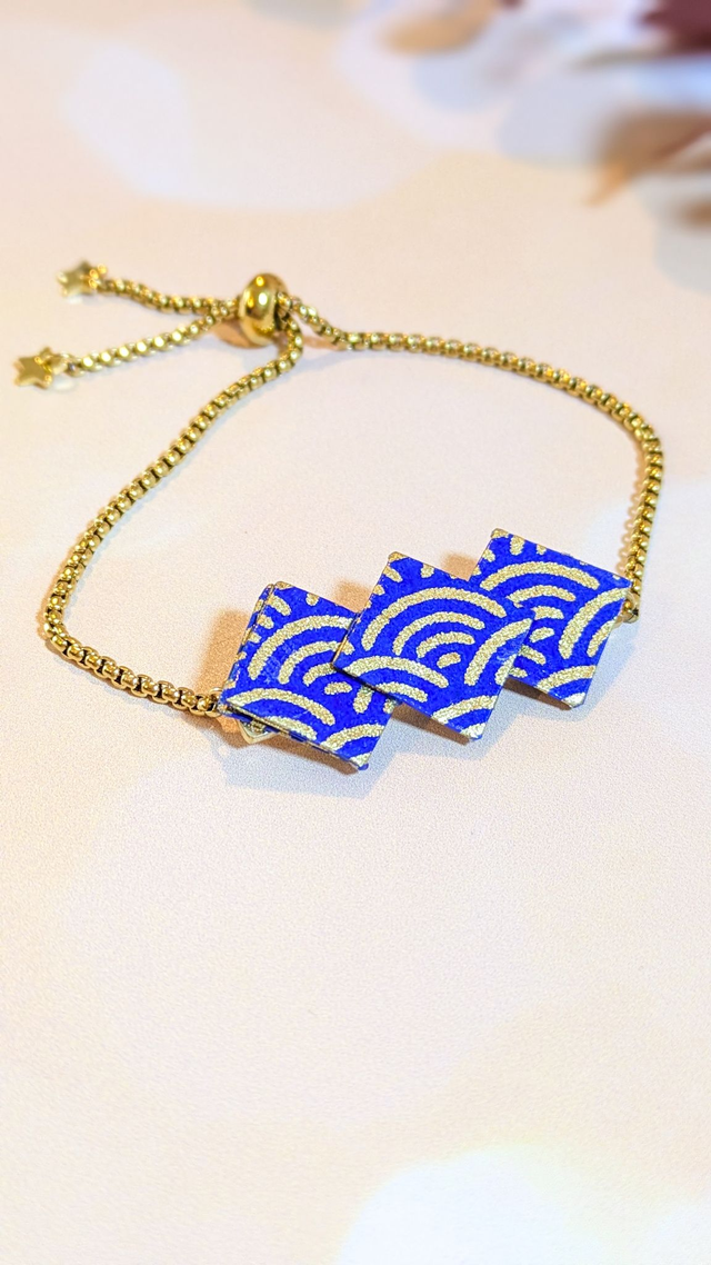 Zigzae - Bracelet origami et acier inox doré - Bleu vague