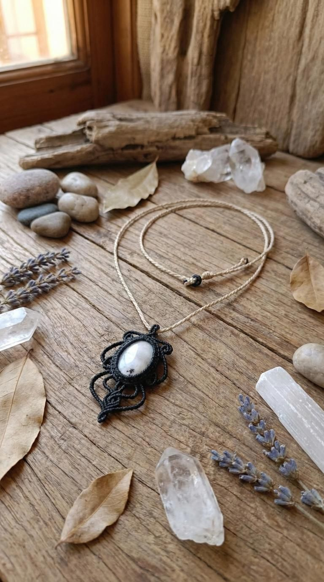 Colar em macramê com pedra larimar (modelo básico)