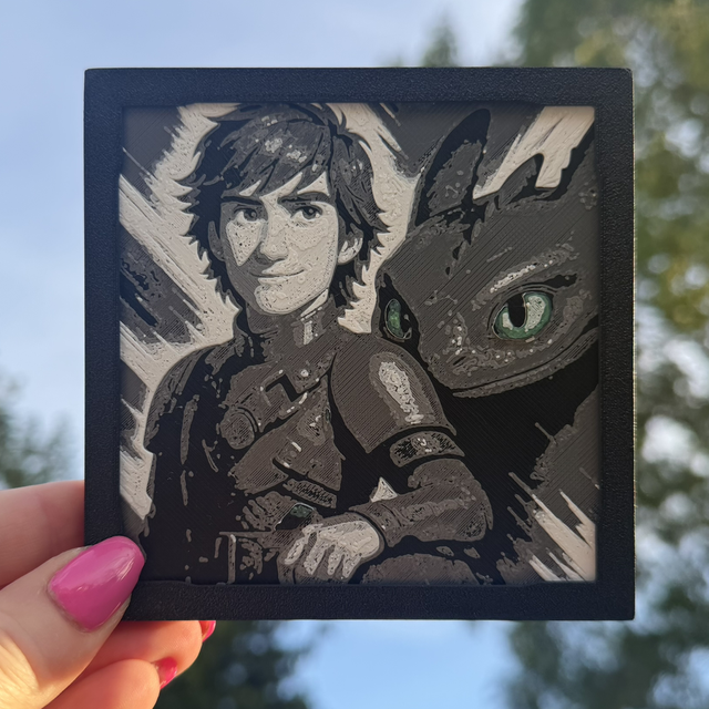 How to Train Your Dragon Hiccup &amp; Toothless Mini HueForge Framed Wall Art – 10 × 10 cm