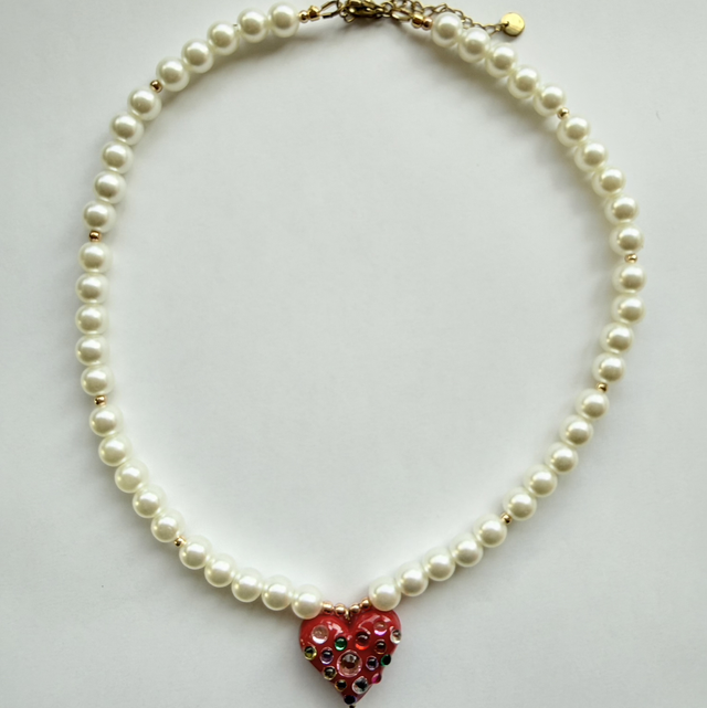 Ruby – Red Gem Heart & Pearl Beaded Necklace